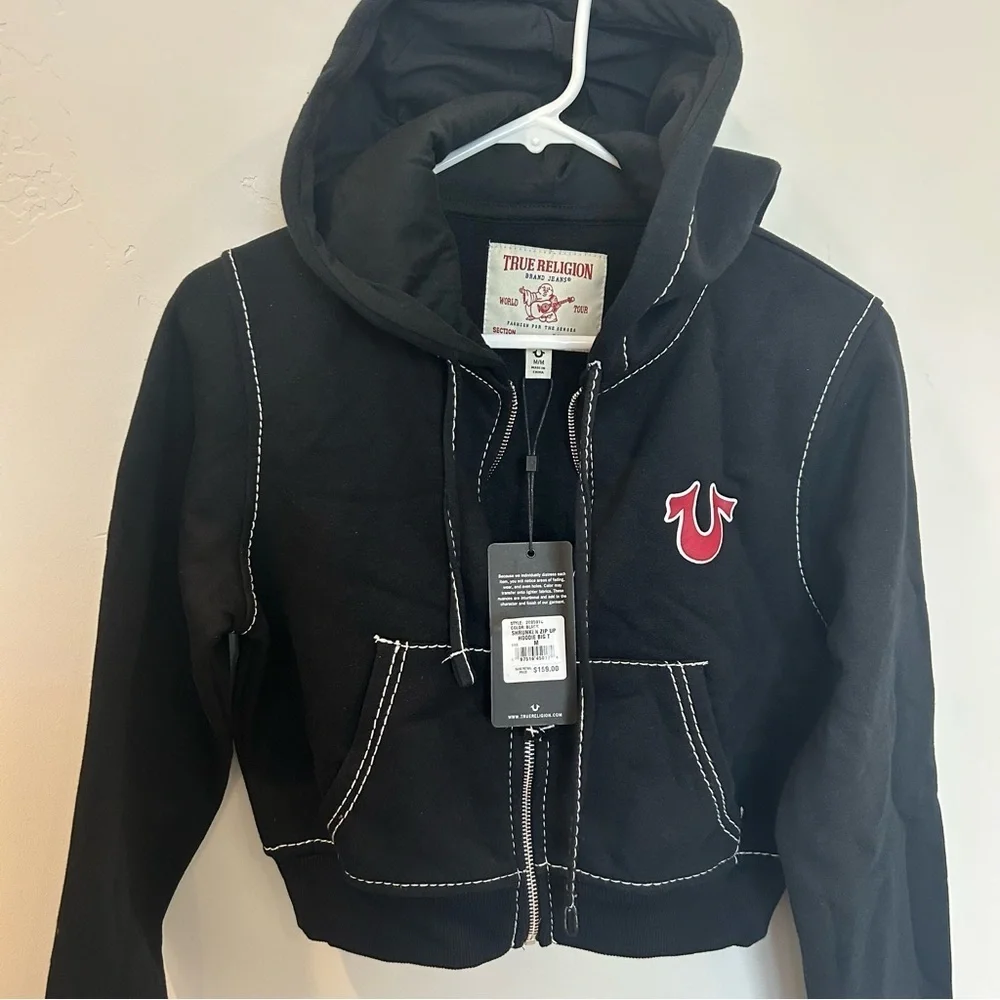 Women’s True Religion Shruken Zip Up Hoodie Big T, Black, Medium - Picture 6 of 10